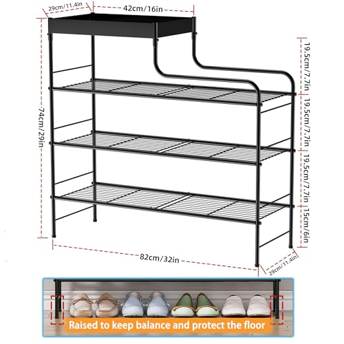 4 Tier Free Standing Shoe Racks with Storage Box, Metal Shoe Organizer for Closet with Sturdy Wire Grid, Large Capacity Shoe Rack Organizer for Entryway Corridor Living Room Balcony Bedroom, Black