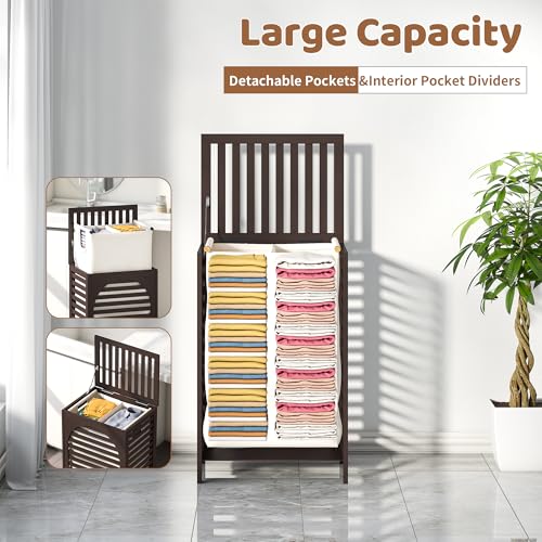 FILWH Laundry Hamper with Lid (16.9 * 13 * 26.5inches) Large Bamboo Laundry Bin Basket 85L Clothes Hamper with 1 Removable Bag Storage baskets for Bathroom(Brown) - color: Brown