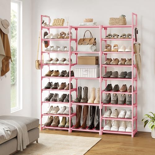 WOWLIVE 9 Tiers Shoe Rack Shoe Storage Shoe Organizer 50-55 Pairs Shoe Tower Unit Shelf Durable Metal Pipes with Plastic Connectors Stackable Cabinet Pink - color: Pink, size: 3 Row 9 Tier