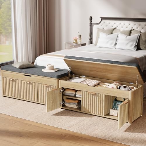 Shoe Bench with Storage - Lift Top Entryway Bench with Hidden Storage, Shoe Rack with Adjustable Shelves and Cushioned Seat, Wooden End of Bed Bench for Bedroom, Living Room and Hallway,Nature