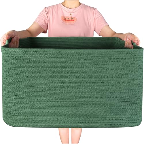 MINTWOOD Design 22in Extra Large Blanket Basket Holder Living Room, Rectangle Rope Woven Storage Basket with Handles for Laundry, Pool Towels, and Shoes, Dog Toy Organizer Bin Box, Forest Green - color: Forest Green