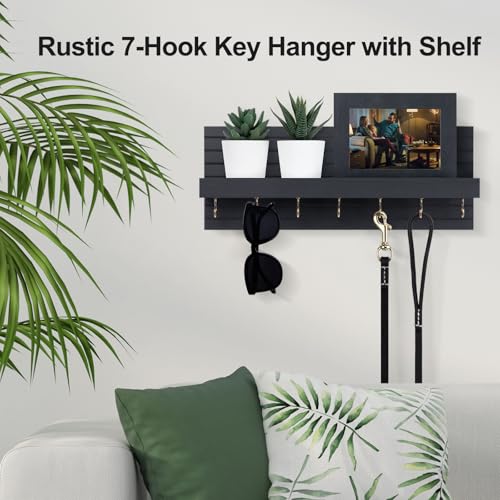 Lwenki Decorative Key Holder for Wall with Shelf, Entryway Shelf with Hooks Holds Leashes, Jackets and Glasses – Sturdy Wood Keyholder Entrance Hanger with Mounting Hardware (Black, Large) - color: Black, size: Large