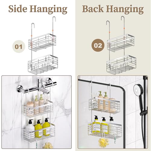 DELLAN Hanging Shower Organizer, 2-Tier Shower Rack with Hooks Over the Door, Bathroom Shower Caddy and Basket - color: Silver, size: 2-Tier 11"D x 4.7"W x 4.1"H