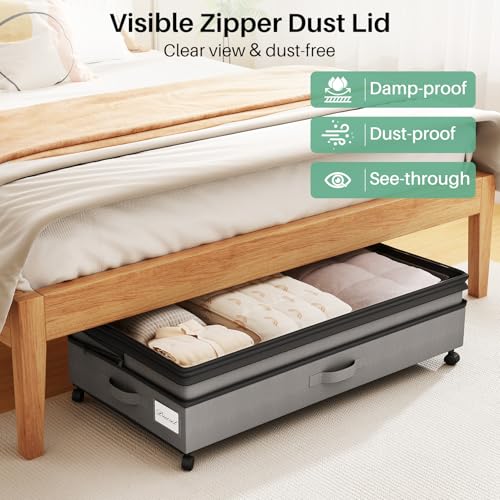 Kitstorack Under Bed Storage with Wheels 2Pack Height-adjustable Under Bed Storage Containers,Under Bed Shoe Storage Organizer with Clear Window&Label, Suitable for Clothes Storage, Gray - color: Grey, size: 2 Pack