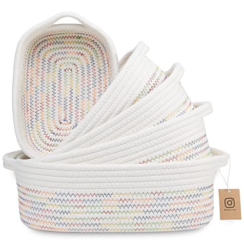 NaturalCozy 5-Piece Rectangle Storage Basket Set- Natural Cotton Rope Woven Baskets for Organizing! Small Basket for Montessori, Baby Nursery, Dog Toy Baskets, Cat Toy Box, Bathroom Organization Bin - color: Off White & Rainbow Stitching