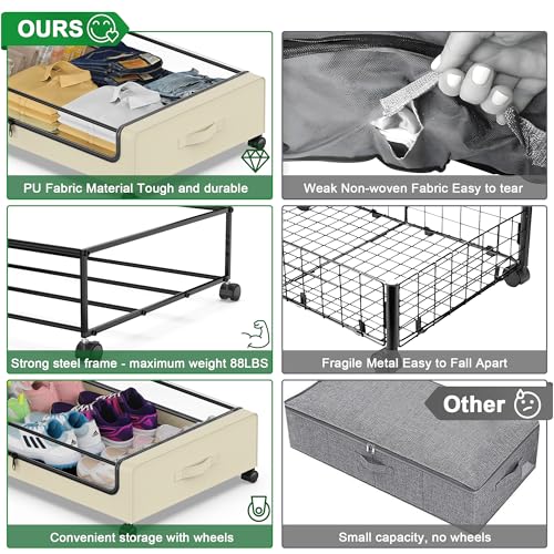 Beborxue Under Bed Storage with Wheels, 4-Pack Under Bed Storage Containers with Clear Lids, XXL 60L Under Bed Shoe Storage Organizer, Rolling Underbed Storage for Clothes, Shoes, Blankets (Beige) - color: 4 Pack-Beige