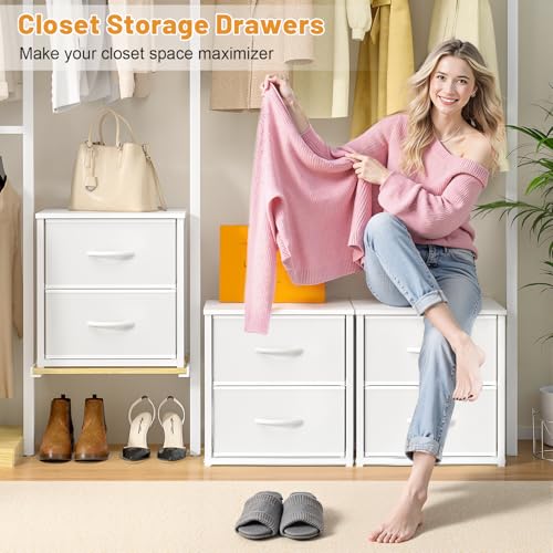 DAOUTIME Stackable Storage Drawers, White Closet Organizer with Wooden Top & Metal Frame, Closet Storage Drawers for Clothes, Freestanding or Stackable Dresser for Bedroom, Living Room, Under Bed