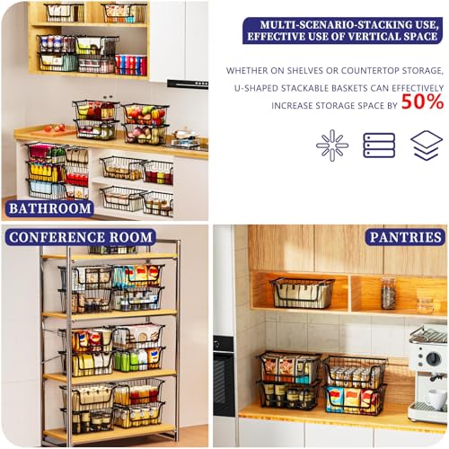 4 Pack Enhanced Leak-Proof Bottom Stackable Wire Baskets, Pantry Organizers and Storage, pantry storage，Shelf Baskets, Fruit Basket, Potato and Onion Storage Bins，(Black) - color: 4Pack-Black Baskets