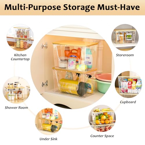 Delamu 2 Set Pantry Organizers and Storage, Trash Bag Holder Under Sink Organizer for 4-13 Gal Bags, Trash Bag Dispenser with Bamboo Top for Onion, Potato, Garlic, Clear (11-7/32"L*7" W*7-1/8"H) - color: Clear, size: 2pack
