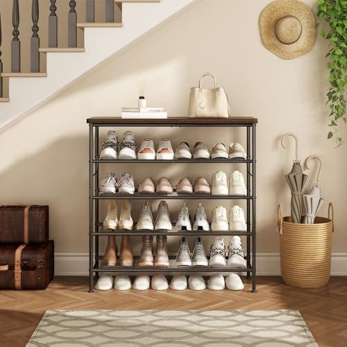 SUOERNUO Shoe Rack Organizer 5 Tier for Closet Entryway Free Standing Metal Storage Shoe Shelf with MDF Top Board，Black+Rustic Brown - color: Black+rustic Brown, size: Standard 5 Tier