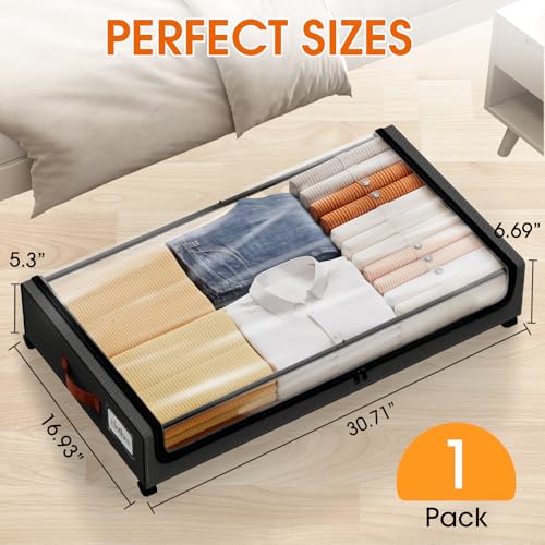 SpaceHacks Under Bed Storage with Wheels 1Pack Storage Containers with Clear Window&Label Under Bed Drawers Rolling Under Bed Storage for Clothes,Shoes, Blankets (30.71 x 16.93 x 6.69 in, Black) - color: Black, size: 1 pack