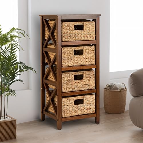 eHemco 4 Tier X-Side End Storage Cabinet with 4 Wicker Baskets, Walnut - color: Walnut, size: 14"D x 14"W x 32.1"H (4 Drawers)