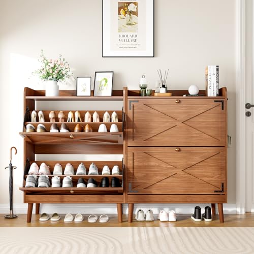 Shoe Storage Cabinet with 2 Flip Drawers, Entryway Shoe Cabinet with 2 Metal Hooks & Adjustable Shelves Freestanding Shoe Organizer Narrow Shoe Rack for Entrance Hallway Foyer Front Door,Walnut - color: Walnut