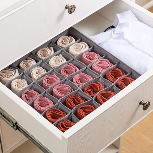 Qozary 2 Pack Socks Underwear Drawer Organizer Divider, 24 Cell or 16 Cell Collapsible Cabinet Closet Organizer Storage Boxes for Clothes, Socks, Lingerie, Underwear, Ties - color: Grey, size: 24 Cells