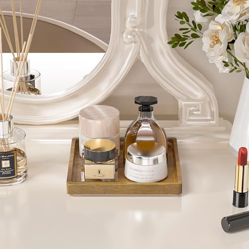WEENSON Square Acacia Wood Bathroom Vanity Tray for Soap Dispenser, Toiletries, Makeup, Perfume, Decor, Kitchen Tray for Counter Salt Spice, Toilet Tank Tray for Candle, Nightstand 7.9"x7.9" - color: Acacia, size: 7.9" x 7.9" x 0.8"