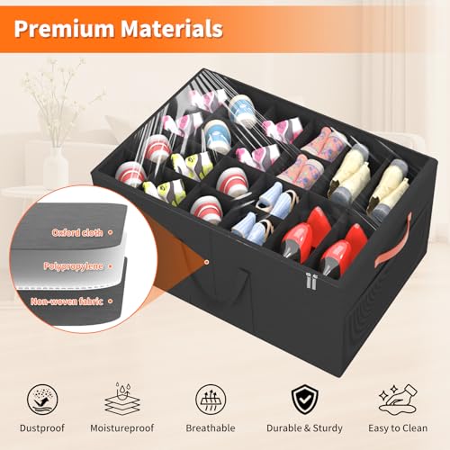 Aokeyee 2 Pack Shoe Organizer for Closet, Large Shoe Storage Box Fits up to 48 Pairs, Space Saving Foldable Shoes Organizer Bin w/Clear Cover and 4 Reinforced Handles, Black - color: Black, size: Fits up to 48 Pairs