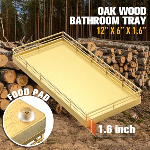 Bathroom Vanity Tray for Countertop, 12" x 6" Oak Wood Toilet Tank Tray with Metal Guardrail, Bathroom Organizer for Soap, Perfume & Skincare, Non-Slip Decorative Tray for Dresser & Vanity, Gold - color: All Golden, size: 12" x 6" x 1.5"