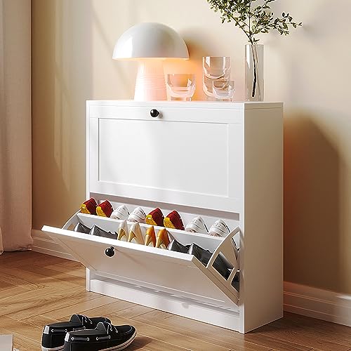 VOWNER Shoe Cabinet with 2 Flip Drawers, Freestanding Shoe Storage Cabinet with Adjustable Shelf & Anti-Tipping Device, Shoe Rack for Entryway, Hallway, Living Room (White) - color: White