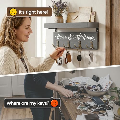 buways Key Holder Wall Mount with 4 Double Hooks-Solid Wood Wall-Mounted Organizer for Keys&Mail Rustic Key Rack Hanger Holder Home Decor for Entryway Living Room (Gray) - color: Gray
