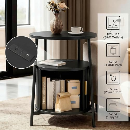 Round End Tables with Drawer: Fluted Side Table with Charging Station, Mid-Century Modern Nightstand with Sliding Door for Small Space Storage, Living Room, Bedroom - color: Black, size: 1 PACK