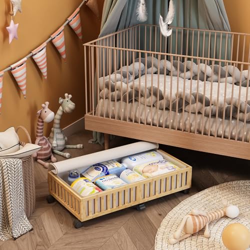 Bamboo Under Bed Storage Containers with Wheels, 2 Pack Large Under the Bed Shoe Storage Bins, Wood Rolling Underbed Drawers Organizer for Bedroom Closet Clothes Blanket Under Crib Toy Nature - color: Nature, size: 2 PCS (33.07"×16.54")