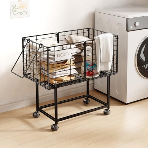 CICUFY Rolling Laundry Cart, 80L Wire Laundry Hamper Basket on Wheels, Dirty Clothes Basket with Handle, Metal Clothes Hamper Organizer for Laundry Room, Bathroom, Bedroom, Dorm, Black - color: Black