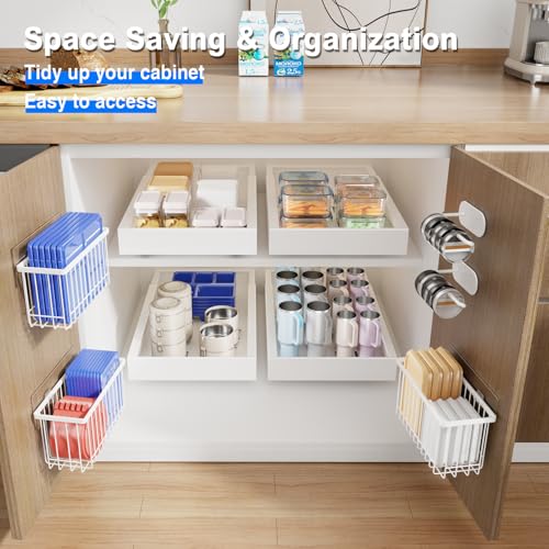 Mustorn 4 Pack Adhesive Cabinet Door Organizer, Lid Organizers Inside Cabinet Food Container/Tumbler Lid Organizer and Storage Cup Lids Holder for Kitchen & Bathroom Wall Mounted(White) - color: White, size: 4 Pack