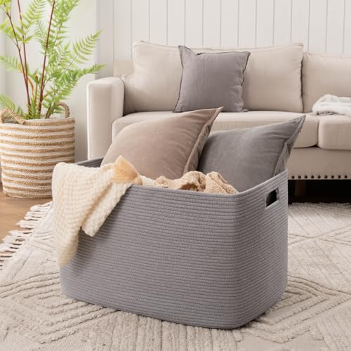 OIAHOMY 118L XXXLarge Cotton Rope Storage Basket, Oversized Blanket Basket, Used for Organizing Dirty Clothes in Living Room, Bedroom, Nursery, Dog Toy Storage Bins, 25" x 17" x 16",Grey - color: Grey