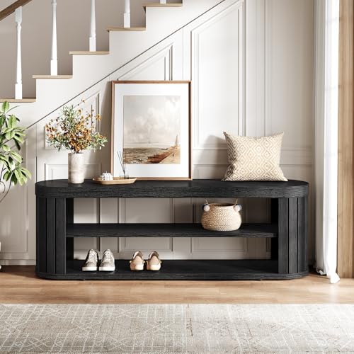 Tribesigns 47.2" Wooden Entryway Bench with 2-Tier Shoe Storage, Farmhouse Dining Bench with Adjustable Foot Pads, End of Bed Stool for Bedroom, Hallway, Living Room, Dining Room, Black - color: Black