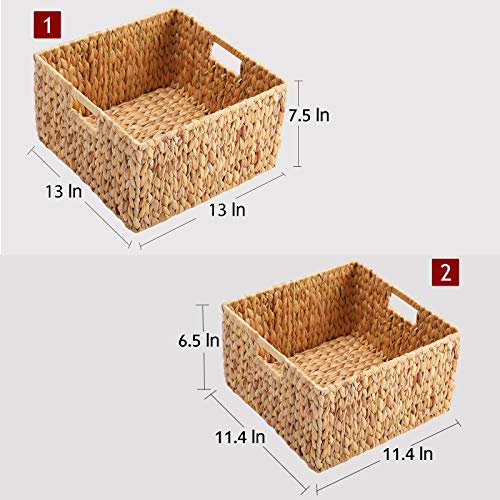 HOONEX Water Hyacinth Storage Baskets for Organizing, Decorative Wicker Baskets with Carrying Handles, Set of 2, Natural - color: Natural (Water Hyacinth), size: 13 x 13 x 7.5 inches