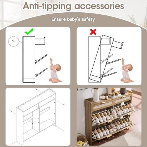 Rattan Shoe Storage Cabinet with 4 Flip Drawers & 2 Drawers, Freestanding Organizer for Front Door Entrance, Hidden Narrow Shoe Rack Cabinet Storage for Entryway, Rustic Oak Rattan - style: 4-Drawers
