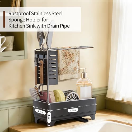 MOUKABAL Sponge Holder for Kitchen Sink, 2-Tier Sink Caddy Organizer with Drain Holes and Hooks, Holds Dishcloth, Sponge & Brushes, Kitchen Countertop Storage for New Home Essentials Grey - color: Grey 2