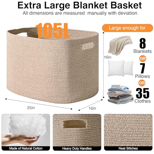 ICERZCZ Large Storage Basket for Organizing, Blanket Basket for Living Room, Large Toy Baskets for Storage, Woven Cotton Rope Baskets for Blankets, Clothes, Shoes, Brown, 25”x16”x16” (105L) - color: Brown, size: 25”x16”x16”
