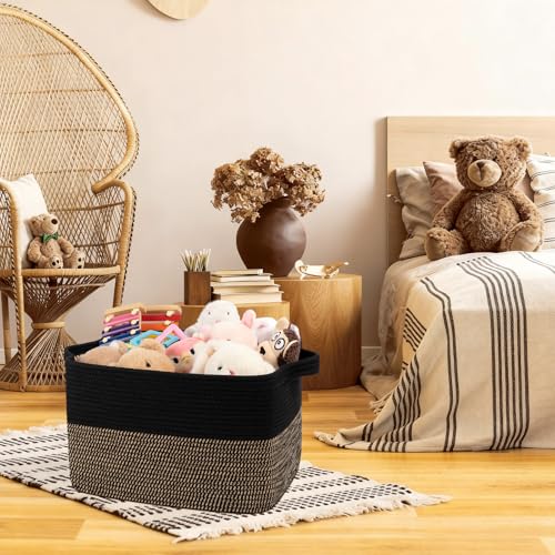 OIAHOMY Woven Storage Basket for Shelves, Rectangle Cotton Rope Baskets for Organizing, 16 x 12 x 10 in, Storage Bins for Dog Toys,Towel,Books,Gift,Black and Brown - color: Black and Brown, size: 16"x12"x10"
