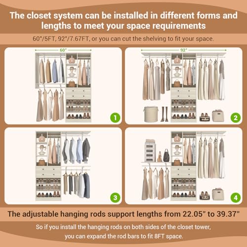 Besiost Closet System - 60"/92" Closet System with Drawers, 5FT/7.67FT Closet Organizer System with Reversible Hanging Shelving and Hanging Rods, for Small/Walk-in Closets, Greige Oak - color: Greige Oak, size: 5FT