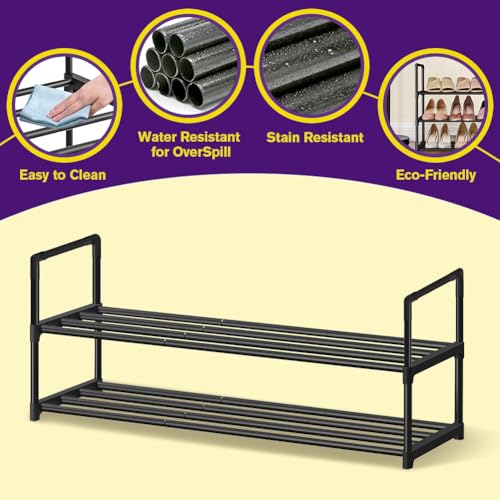 Shoe Rack - Metal Shoe Rack Organizer - Stackable Shoe Storage Shelf for Entryway, Closet, Bathroom 30cm(D) x 92cm(W) x 55cm(H) -Black (2-Tier) - size: 2-Tier