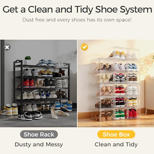 Pinkpum Upgraded Hard Shoe Storage Box 6 Pack X-Large Fit Size 12, Thicken & Sturdy Clear Plastic Stackable Shoe Organizer Box Closet, Sneaker Storage Display Case Holder Bins with Magnetic Door White - color: Clear, size: 6 pcs