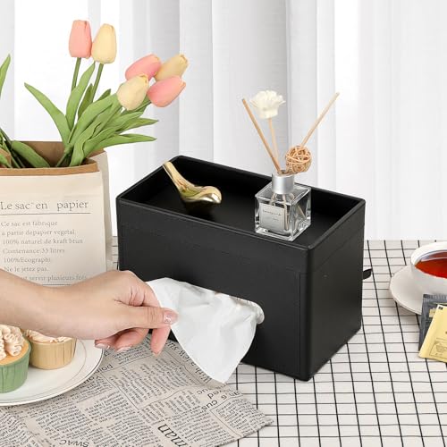 Sumnacon Tissue Box Cover with Storage Tray, Decorative Rectangular Tissue Holder PU Leather Facial Tissues Organizer Stylish Modern Tissue Dispenser for Bathroom Toilet Tank Vanity Dresser Table - color: Black