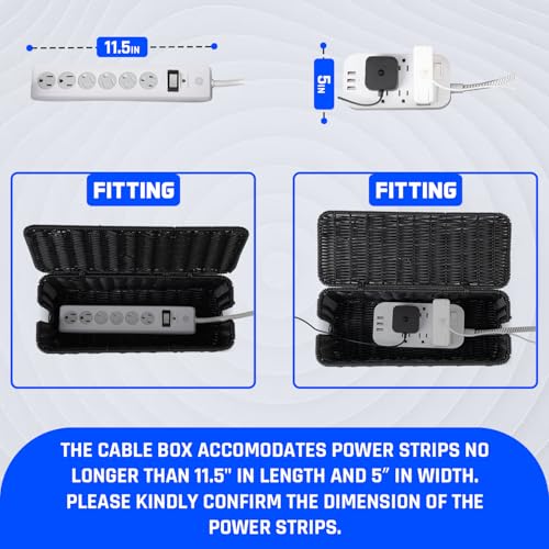 Cable Management Box, Handmade Rattan Cable Organizer with 2 Open Slots, Cord Hider for Power Strip, Router & USB Hub, Registered U.S. Design Patent (D1,112,102), 13" x 5.1" x 5.1", Black - color: Black, style: Rectangle