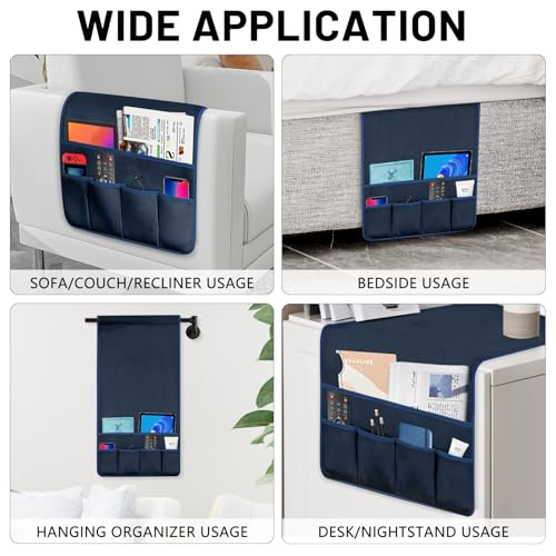 TV Remote Control Holder Couch Caddy, Non-slip Bedside Caddy Organizer with 5 Pockets for Key Glasses Phone Magazine Holders - color: Blue-A, size: 35''x18''