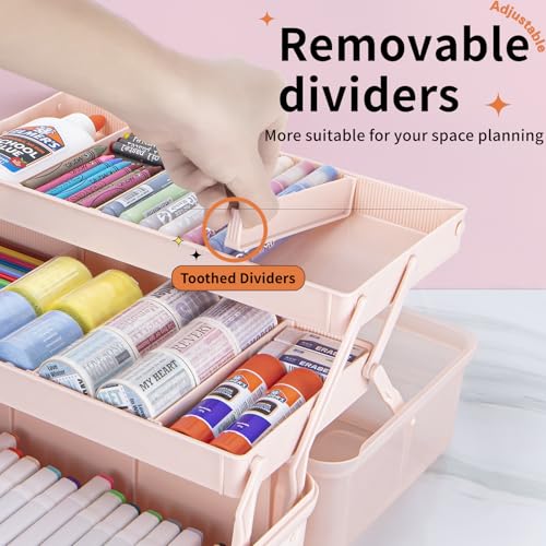 TERGOO 12.5in 3-Layer Multipurpose Craft Organizers and Storage with Adjustable Dividers, Portable Tackle Box, Folding Art & Craft Case for Medicine, Tool, Sewing Organizer (Pink) - color: Pink, size: Large
