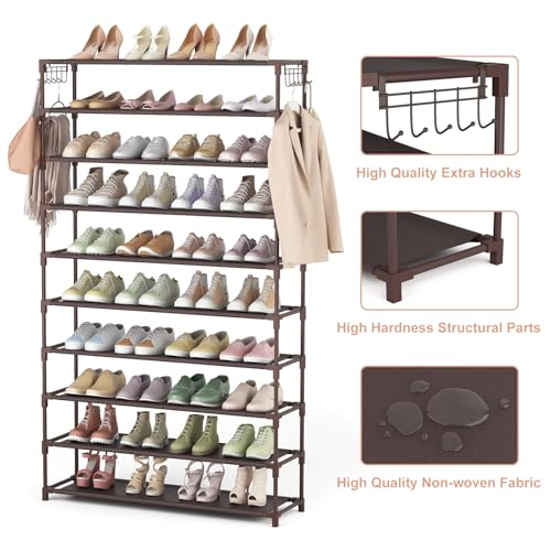 LANTEFUL 10 Tiers Shoe Rack 50 Pairs Large Capacity Tall Shoe Organizer Sturdy Shoe Storage with Two Hooks Space Saving Metal Wide Shoe Rack for Closet, Entryway, Bedroom, Brown - color: Brown, size: 10 Tier-61.2" High-34" Wide