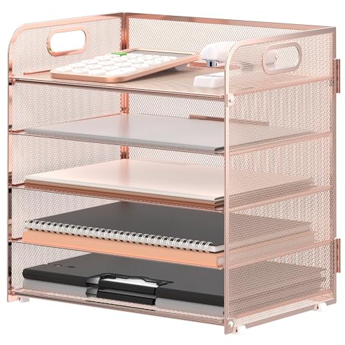 Supeasy 5 Trays Paper Organizer Letter Tray with Handle-Mesh Desk File Organizer, Paper Sorter Desk Organizer for Office, Home or School (Rose Gold) - color: Rose Gold