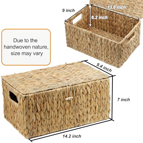 ORDELITE Large Wicker Basket with Lid, Rectangular Water Hyacinth Storage Baskets for Organizing, Woven Basket for Storage, Decorative Boxes Bins with Lids Home Organizer Decor - size: 14.2" x 9.4" x 7"