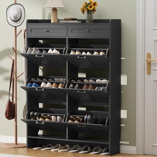 Thacuok Shoe Cabinet with 6 Flip Drawers & 2 Storage Drawers, Rustic Farmhouse Narrow Shoe Organizer Cabinet, Slim Shoe Rack Cabinet, Shoe Storage Cabinet for Entryway, Hallway, Front Door - color: Black, size: 6 Drawers