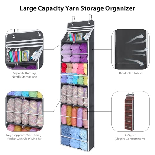 Univivi Hanging Yarn Storage Organizer with 6 Zipper Closure Compartments, Large Capacity Knitting Organizer Storage, Over The Door Hanging Yarn Holder for Knitting Needles, Crochet Hooks (Dark Grey) - color: Grey, size: 6 Tiers