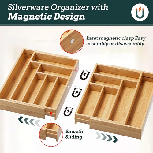 Silverware Organizer Large, Magnetic Connected Expandable 13 Slots Silverware Drawer Organizer From 21 to 37.4 Inches, Adjustable Flatware and Cutlery Holder, Bamboo Utensil Tray for Kitchen Natural - color: Natural, size: 13 Slots