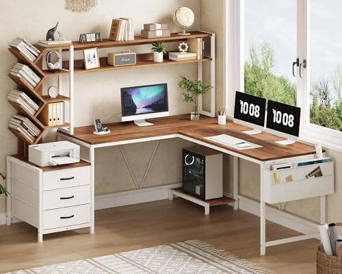 YOMILUVE L Shaped Desk with Hutch, Reversible Computer Desk with Drawers and Bookshelf, Home Office Desks with Storage Shelves for Bedroom Home Office, Brown and White - color: Brown and White