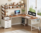 YOMILUVE L Shaped Desk with Hutch, Reversible Computer Desk with Drawers and Bookshelf, Home Office Desks with Storage Shelves for Bedroom Home Office, Brown and White - color: Brown and White