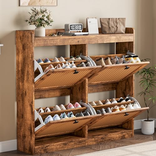 GarveeHome Shoe Cabinet Rattan with 4 Flip Drawers, Wooden Freestanding Shoe Organizer with Adjustable Shelves, Shoe Storage for Entryway, Closet, Hallway - color: Brown, size: 4-Drawers